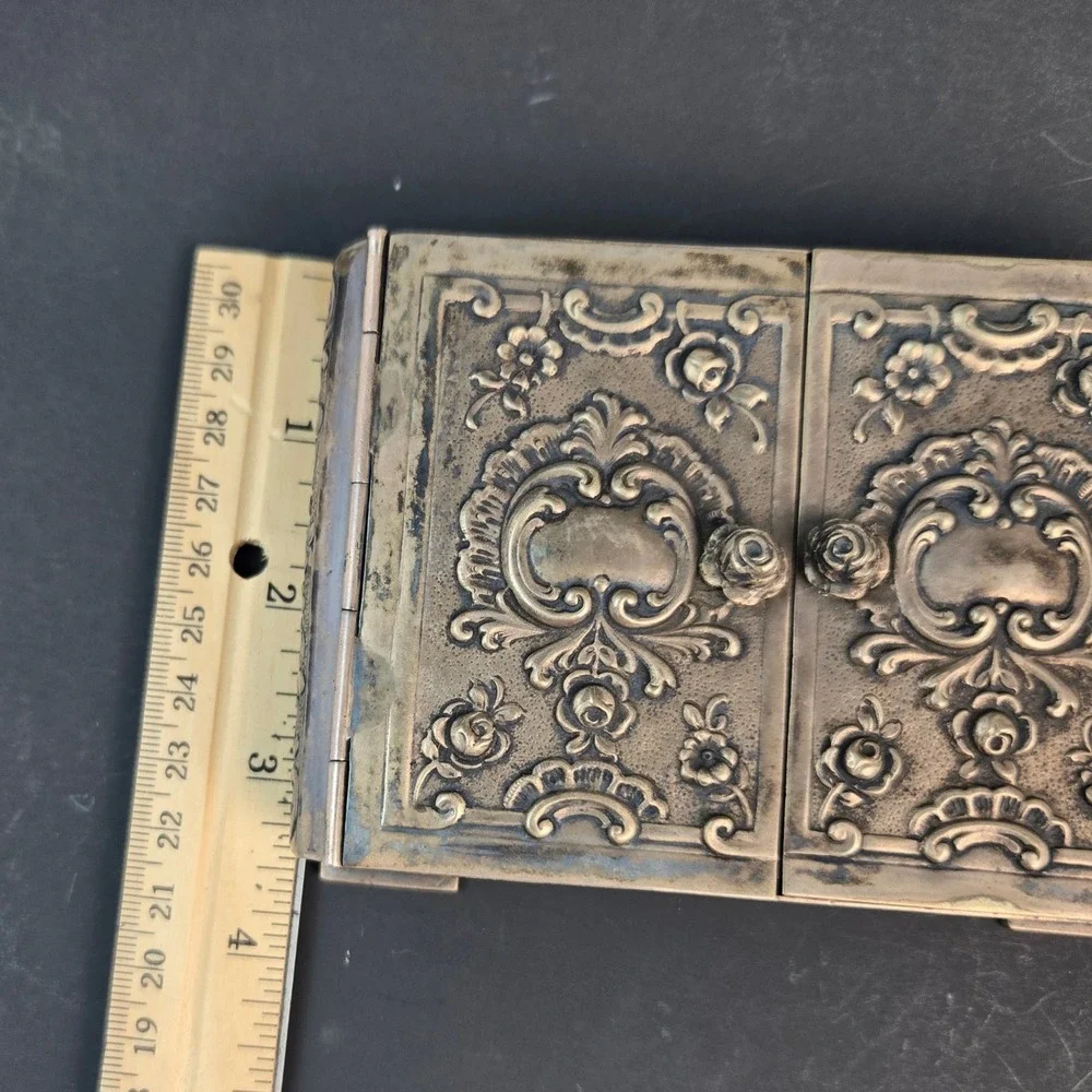 Antique German 800 Silver Double Door Box Art Nouveau Floral Repousse Case